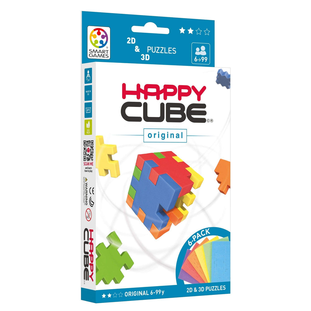 SmartGames Happy Cube Original HCO300 front view, compact puzzle box ideal for travel.