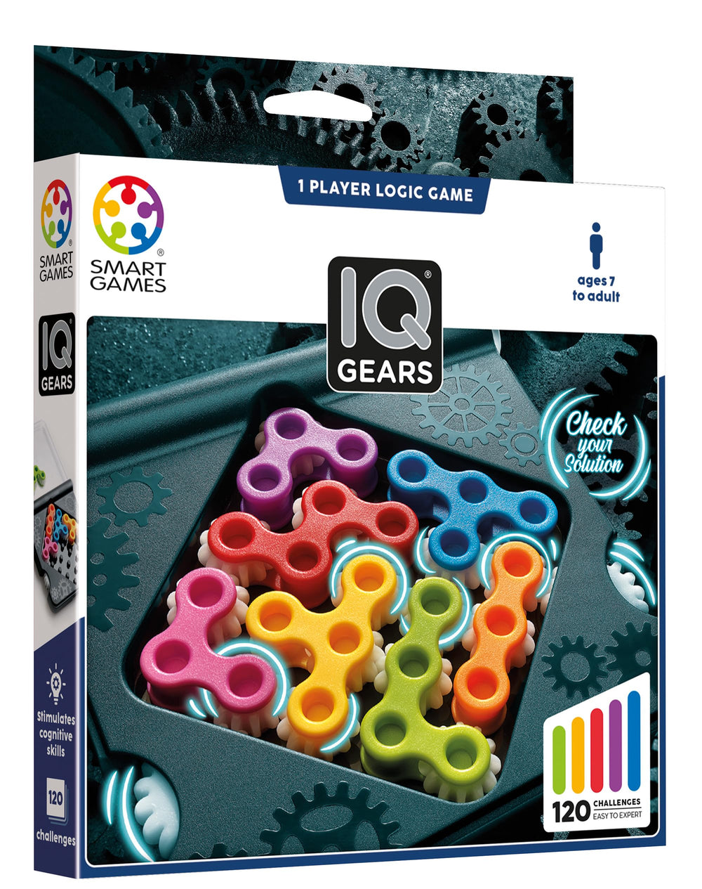 SmartGames IQ Gears 120 challenges highlights variety across difficulty levels.