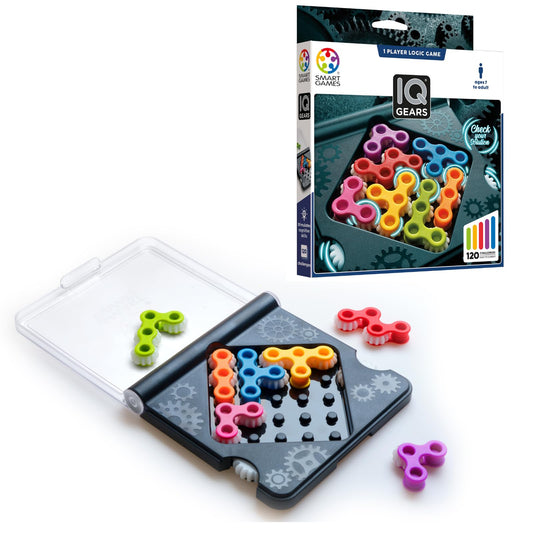 SmartGames IQ Gears travel case and board for portable puzzle play on the go.