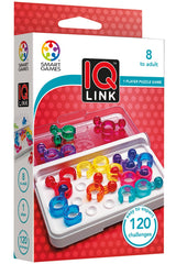 SmartGames IQ Link booklet with 120 challenges for progressive brain-teasing sessions.