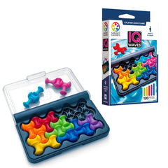 SmartGames IQ Waves board shown with flowing puzzles for calm problem solving on the go
