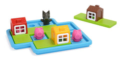 SmartGames Three Little Piggies wolf figure and houses illustrate a challenge scene