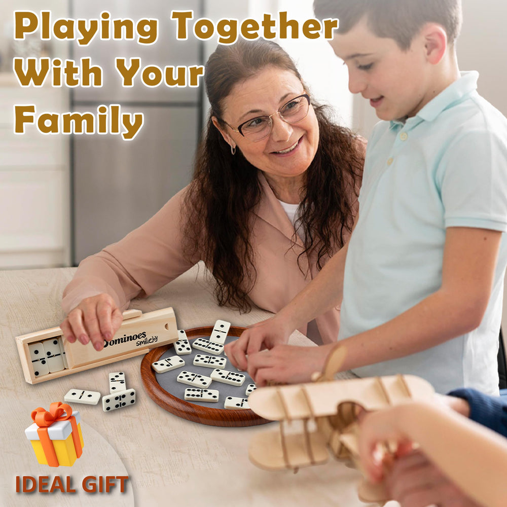 Smilejoy dominoes in a compact wooden box ideal for travel game nights.