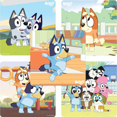 SmileMakers Bluey & Friends stickers on a 2.5-inch rectangular sheet for easy decorating.