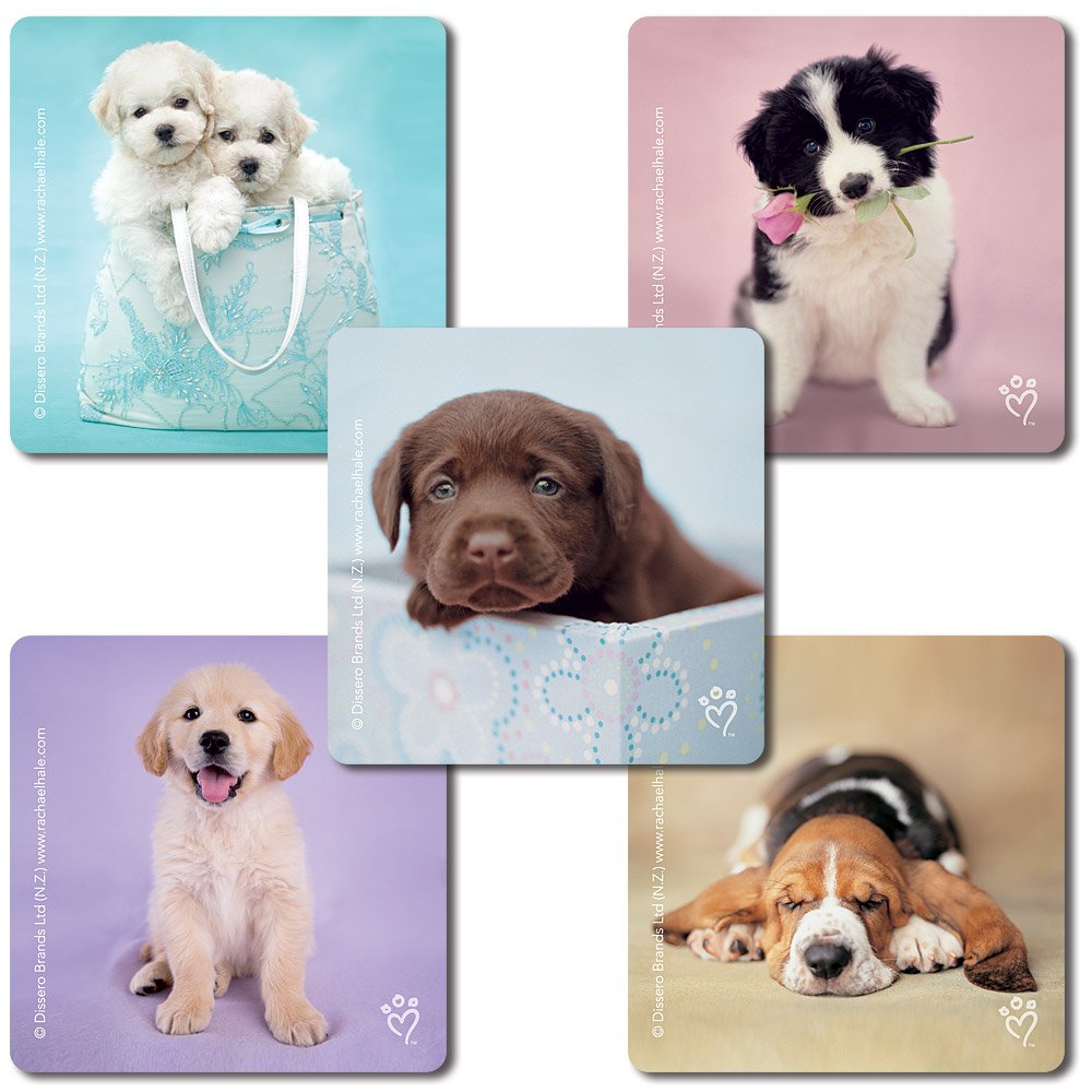 SmileMakers dog stickers 2.5-inch square featuring puppies for scrapbooks and classroom rewards.