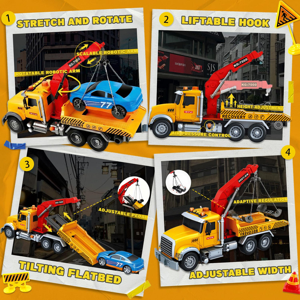 SMILESSKIDDO tow truck side view shows adjustable boom for versatile play