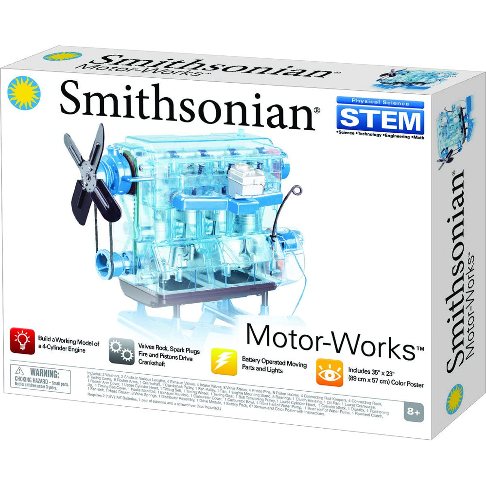 Smithsonian Motor-Works Blue 4-cylinder engine model with lights and sound for hands-on learning.