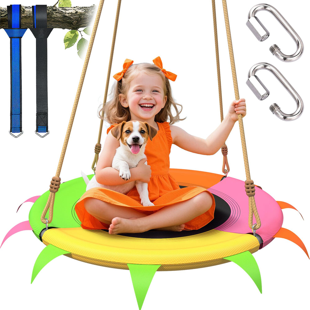 SMkidsport saucer swing hangs from a sturdy tree for quick backyard setup