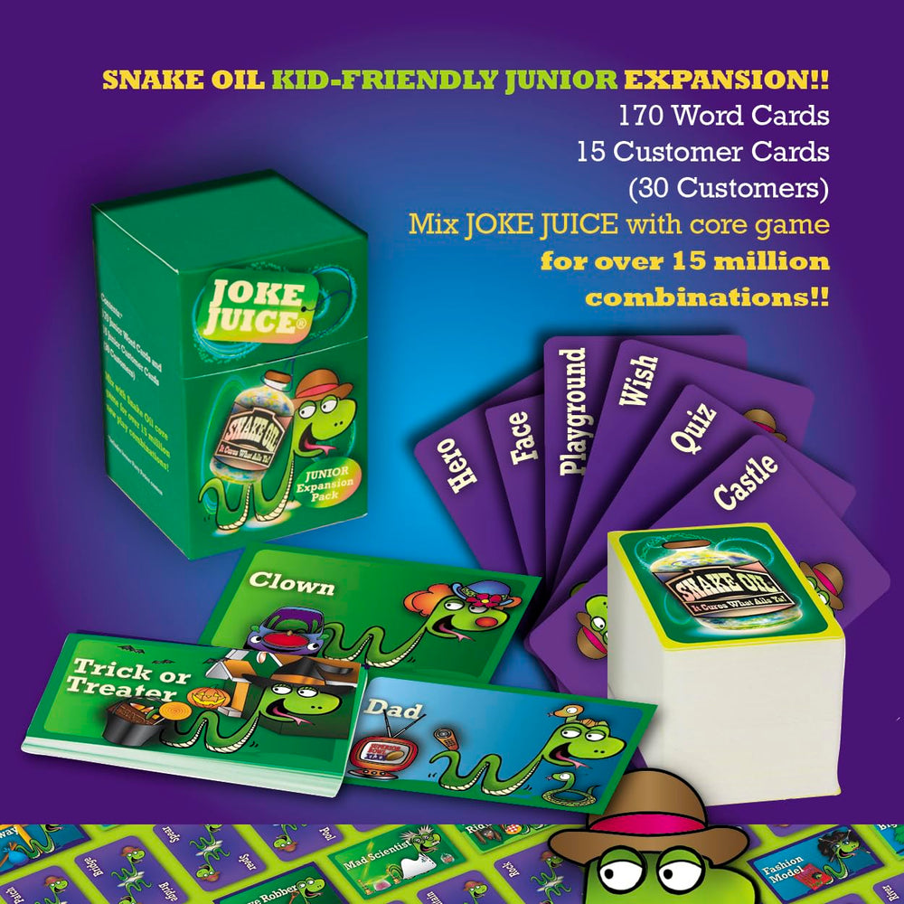 SNAKE OIL word cards spread for quick, silly product ideas.