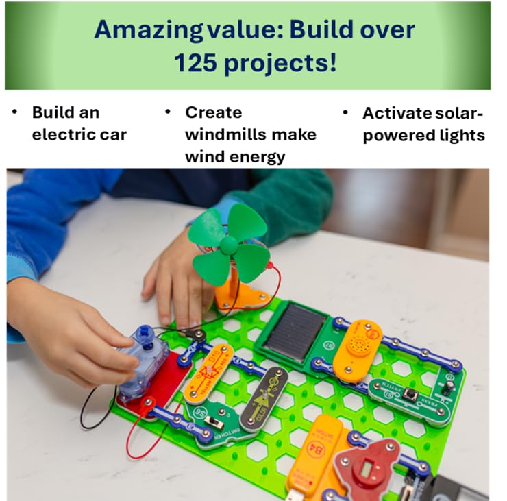 Snap Circuits Green Energy LED light blocks demonstrate lighting effects and circuit completion.