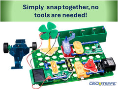 Snap Circuits Green Energy switches help learners control circuits safely.