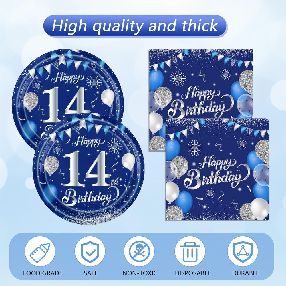 SNIMICS blue-silver birthday table scene with plates and napkins
