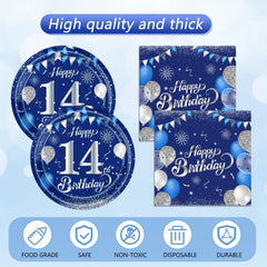SNIMICS blue-silver birthday table scene with plates and napkins