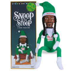 Snoop Dogg Snoop on the Stoop elf doll perched on a shelf for festive decor.