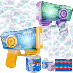 Snowalva Bubble Gun in action with vivid bubbles for a kid's party