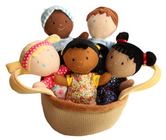 Snuggle Stuffs Basket of Buddies dolls nestled in a cozy fabric basket for easy play storage.