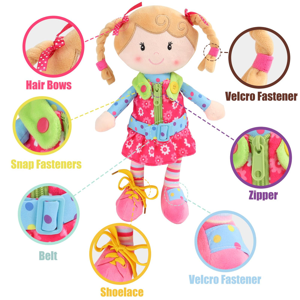 Sugar Snap doll showing buttoning activity for fine motor play