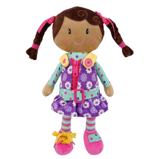 Snuggle Stuffs Sugar Snap doll shows zipper practice for dressing skills
