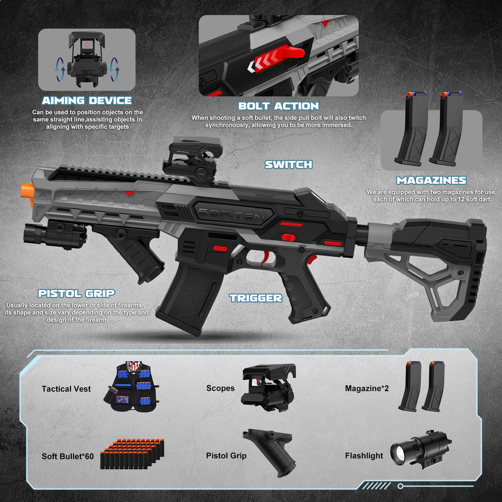 SOFITEN toy gun features flashlight and ergonomic grip for night games.