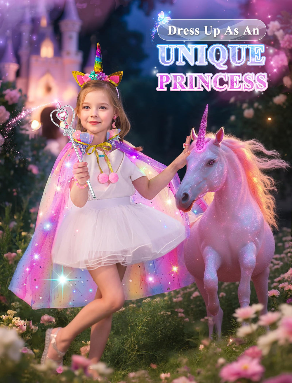 SOLIEHOO unicorn headband and wand set enhances dress-up fun.