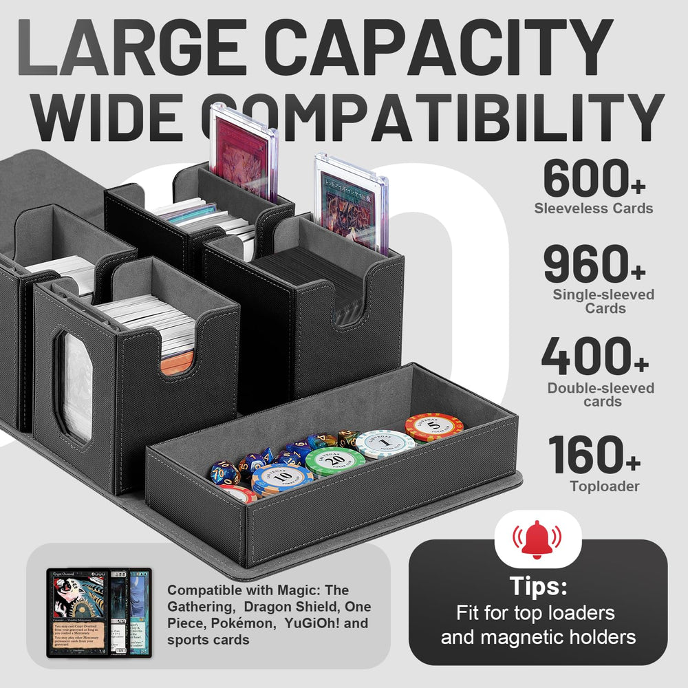 Solisifime trading card box with dice tray organizes dice, tokens, and counters