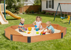 SoliWood octagon sandbox kids playing outdoors with storage nearby.