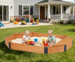 SoliWood octagon sandbox side view highlights sturdy wood frame.