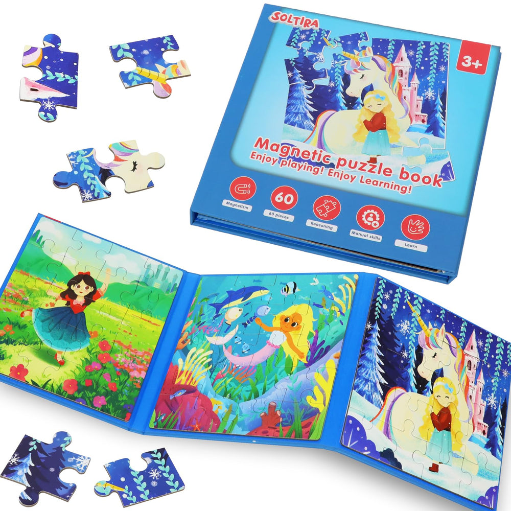 SOLTIRA puzzles unicorn mermaid princess themes for imaginative play and storytelling.