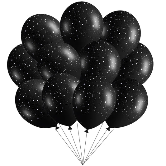 Sondeng galaxy balloons stars on black background create dramatic party backdrop.