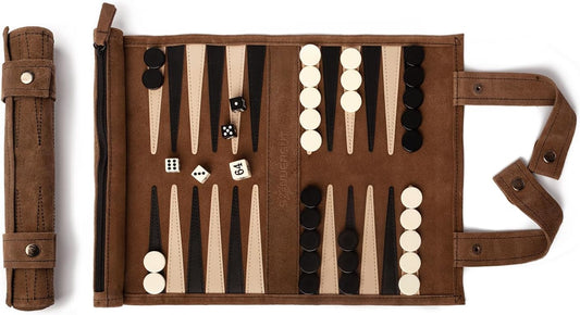 Sondergut roll-up backgammon board in genuine leather, perfect for travel.
