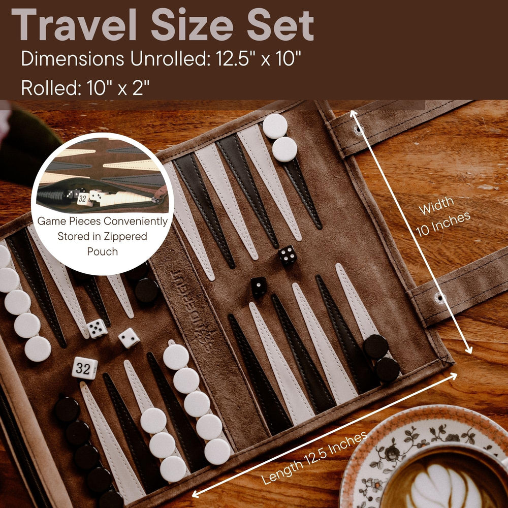 Sondergut roll-up leather board with included dice and pieces for on-the-go play.