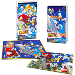 Colorful Sonic, Tails, and Knuckles artwork on 48- and 100-piece puzzles.