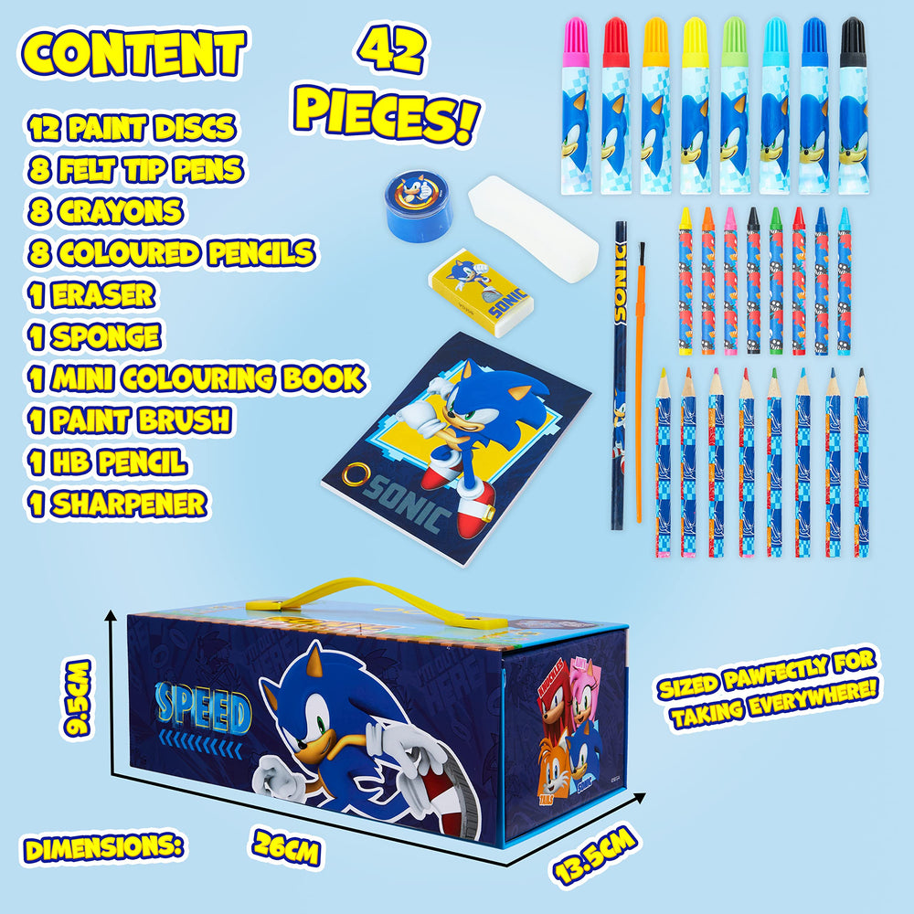 Sonic The Hedgehog coloring book complements pencils for guided art.