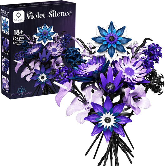 SOOLIO Dahlia Bouquet Building Set packaging highlights premium components for easy assembly.