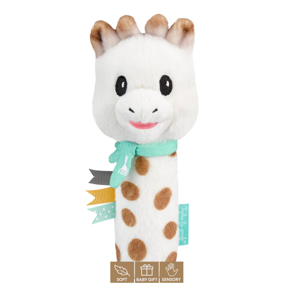 Sophie la girafe Sweetie Pouet Rattle being held by baby, portability and ease