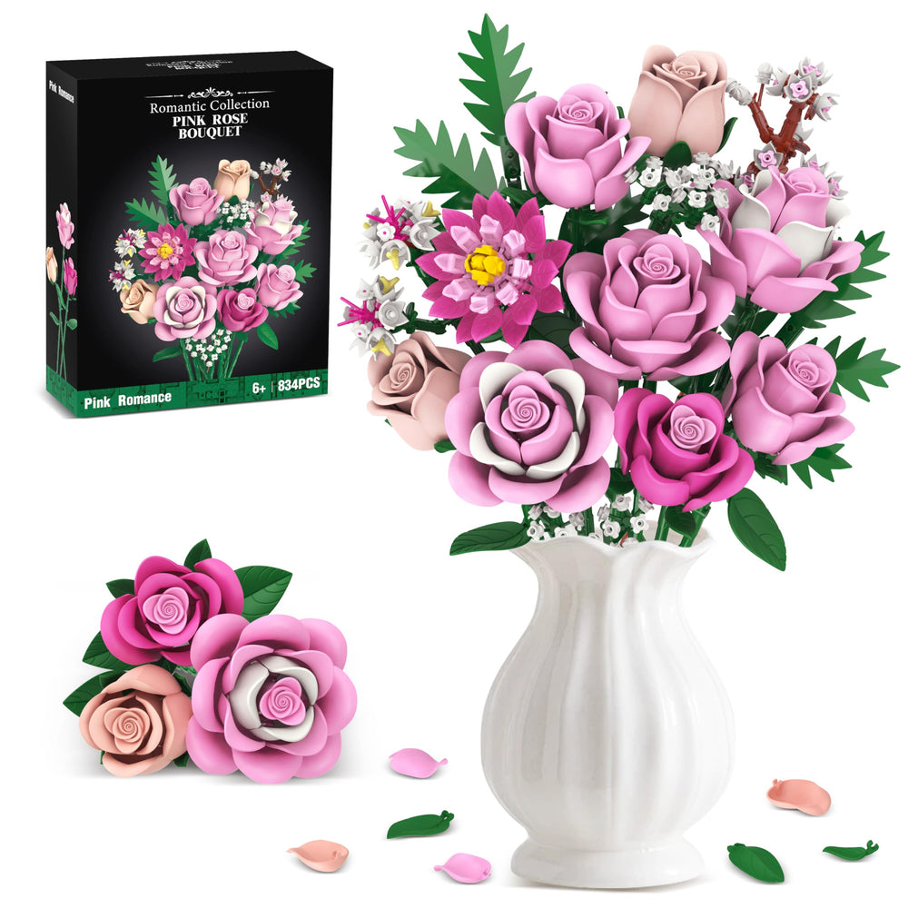 Sopu pink rose bouquet building set shows detailed blooms for lasting home decor