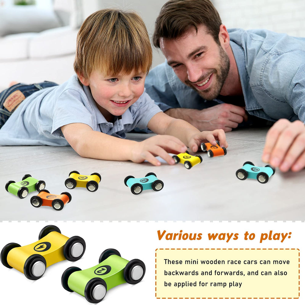Sotiff wooden mini car blue front view, lightweight and easy for little hands.
