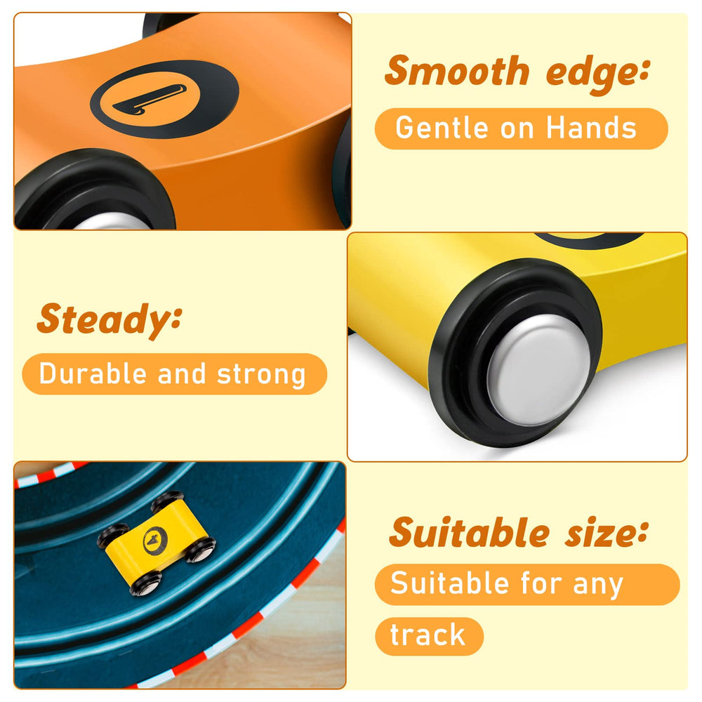Sotiff wooden mini car orange front view, colorful design boosts imaginative play.