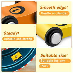Sotiff wooden mini car orange front view, colorful design boosts imaginative play.