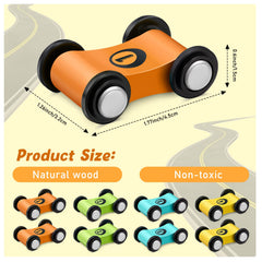 Sotiff wooden mini car yellow front view, durable wood for lasting pretend races.