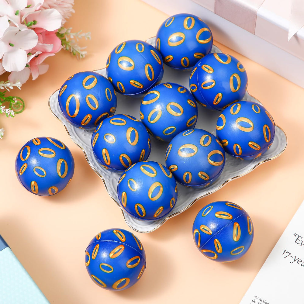 Soulchen blue and gold ring stress balls, ideal as classroom prizes or gifts.