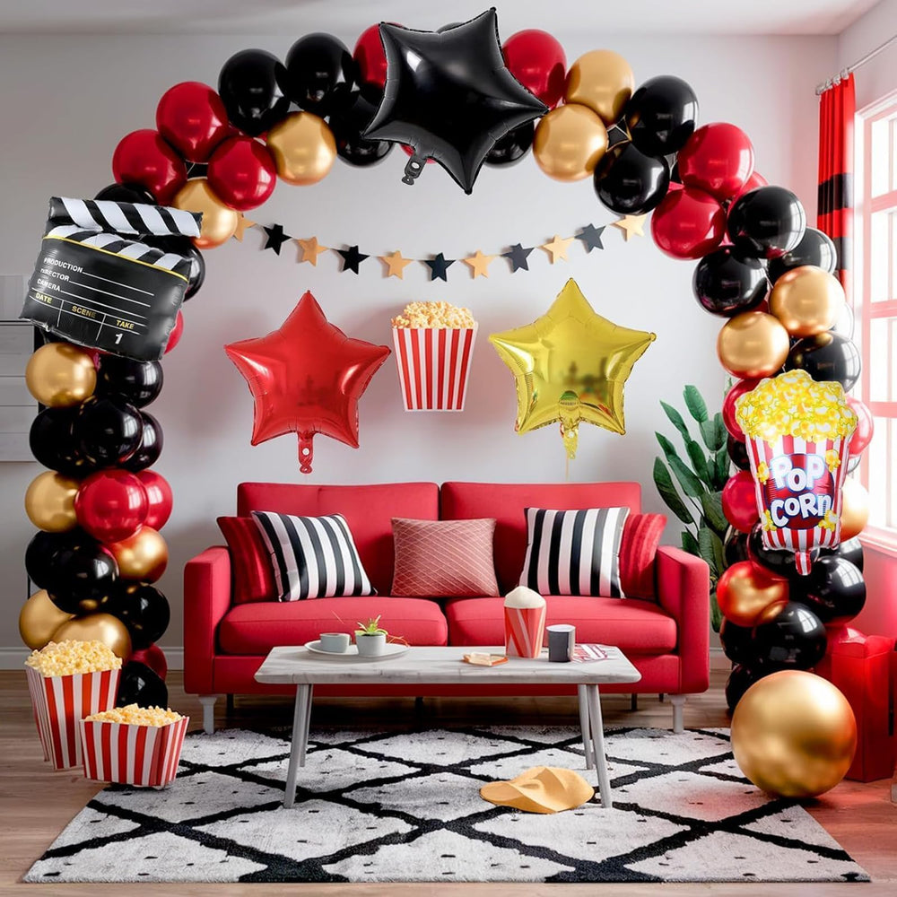 Sowide popcorn foil balloon on arch brings playful movie-night vibes to any party