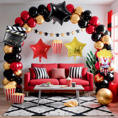 Sowide popcorn foil balloon on arch brings playful movie-night vibes to any party