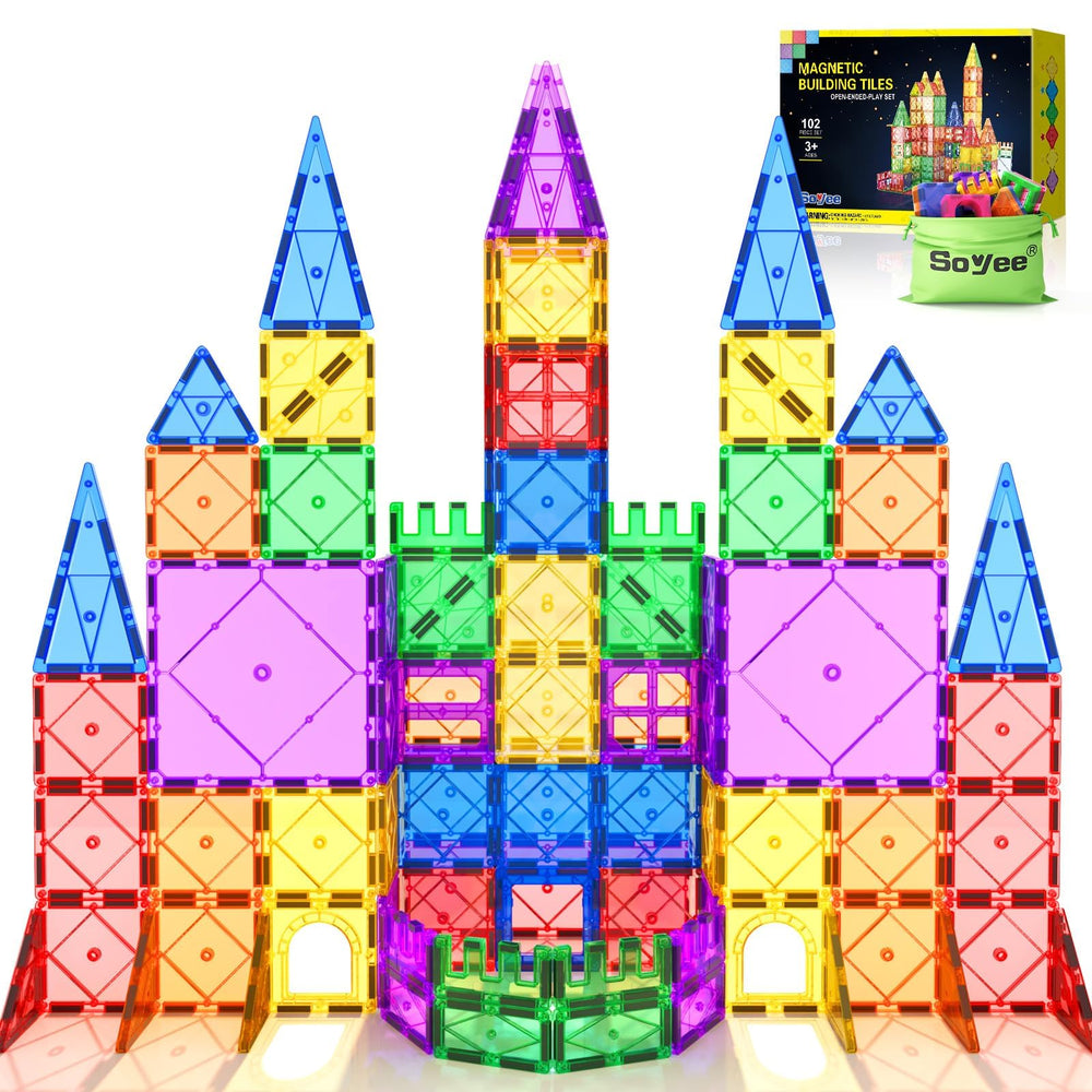 Soyee 102pcs magnetic tiles storage bag keeps play organized and portable.