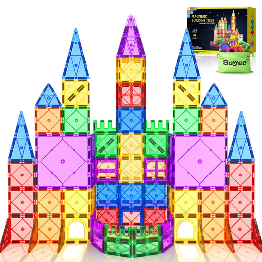 Soyee 102pcs magnetic tiles storage bag keeps play organized and portable.