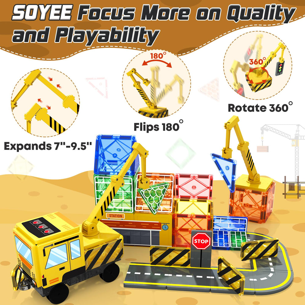 Soyee construction vehicles road and rails scene supports STEM curiosity and spatial thinking.