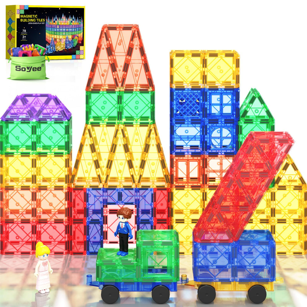 Soyee magnetic tiles car chassis for easy vehicle building and creative play.
