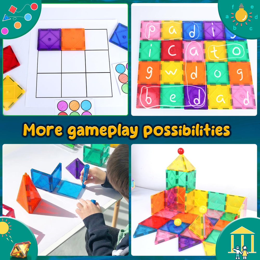 Soyee Magnetic Tiles support color and shape recognition during activities.