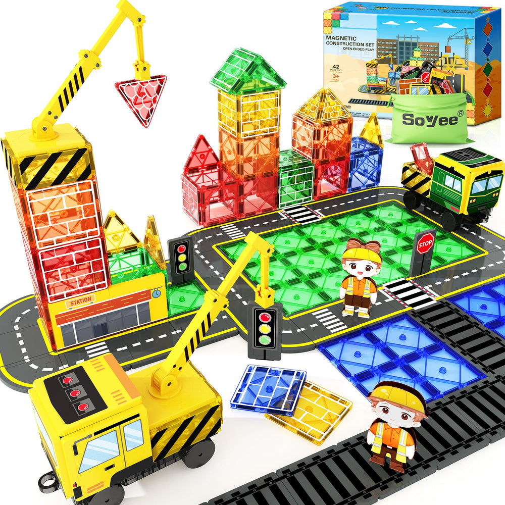 Soyee magnetic tiles crane set with two cranes boosts imaginative building and fine motor skills.