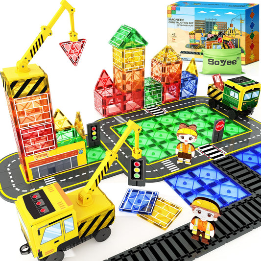 Soyee magnetic tiles crane set with two cranes boosts imaginative building and fine motor skills.